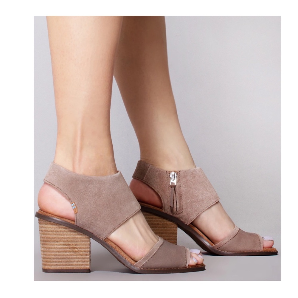 Toms Majorca suede open toe heeled sandals taupe 8